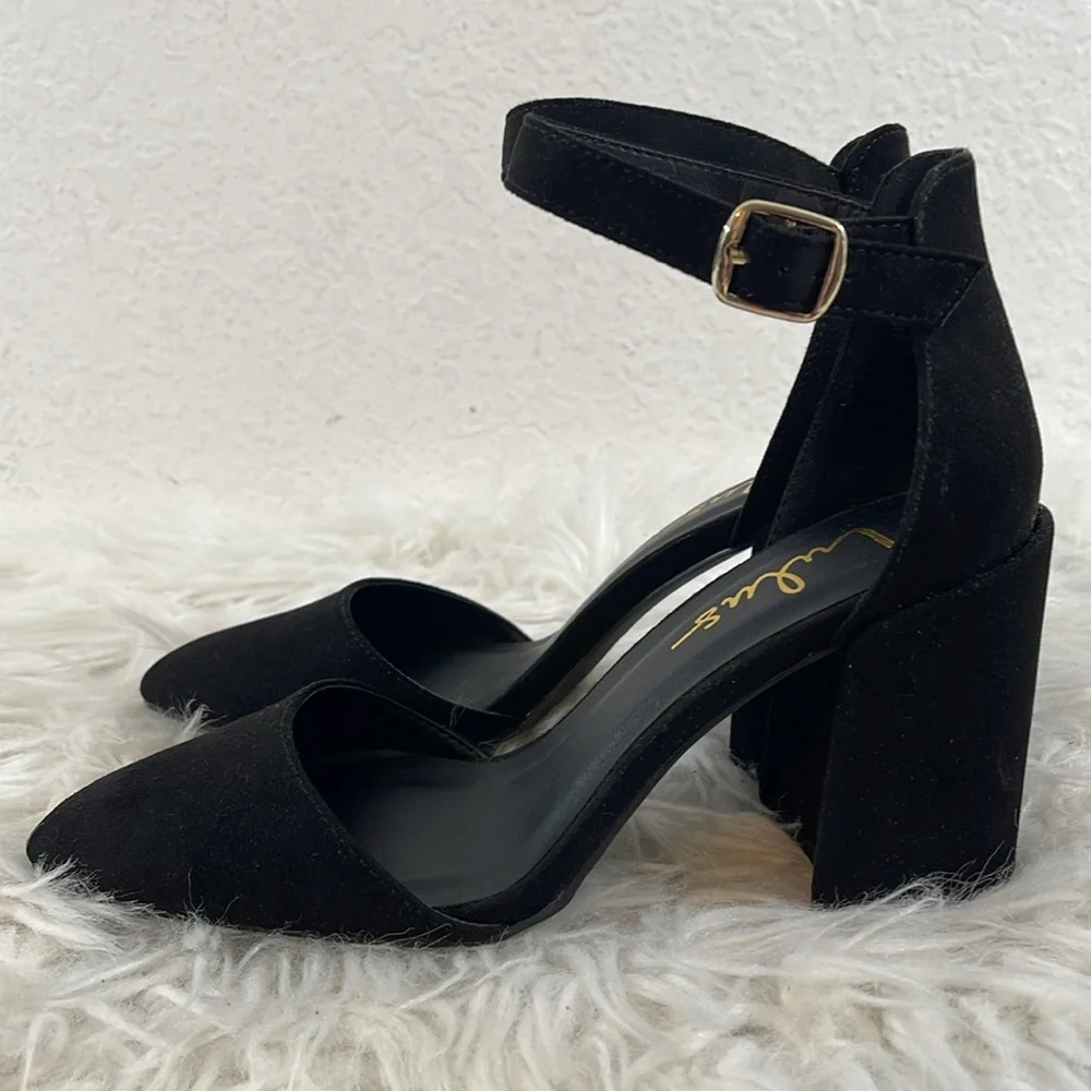LULUS Ellarose Black Suede Ankle Strap Chunky Heels Size 5 NEW - Picture 8 of 15
